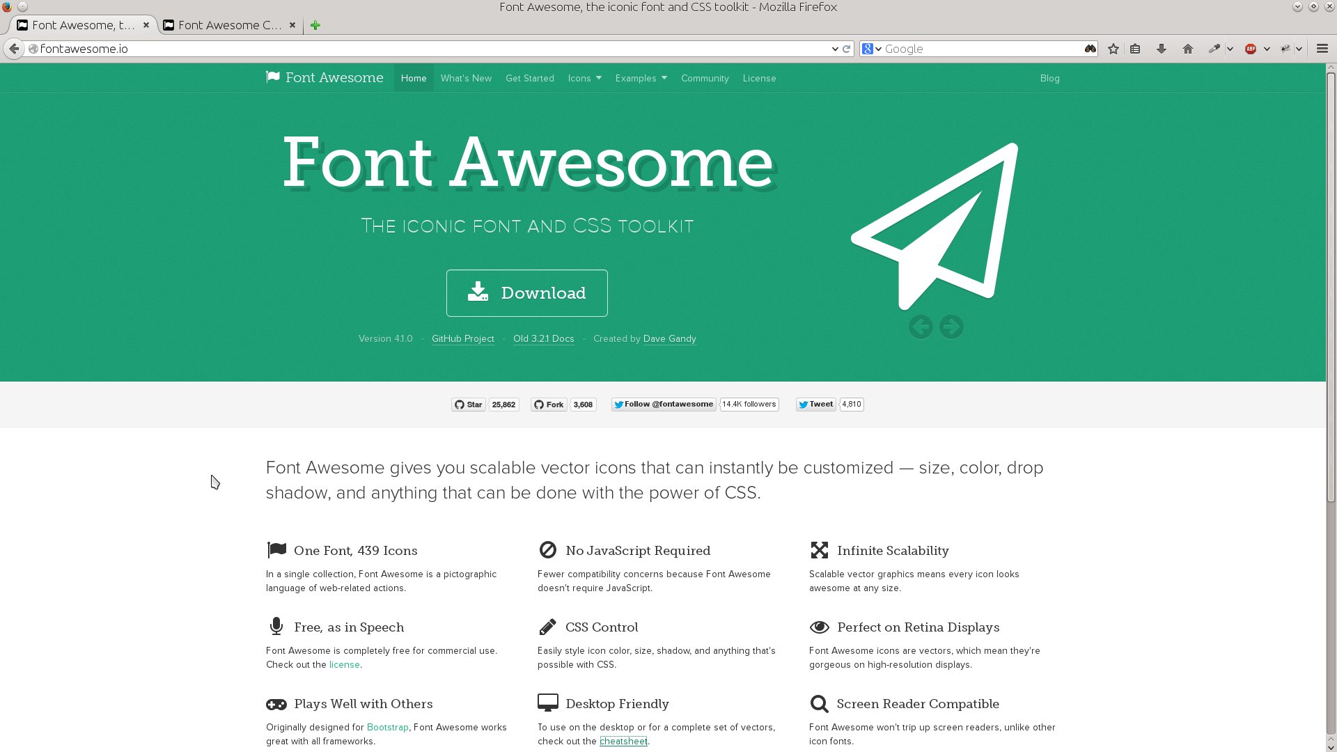 galleryimage:Font Awesomen etusivulla on käytetty fonttiakuvakkeina.