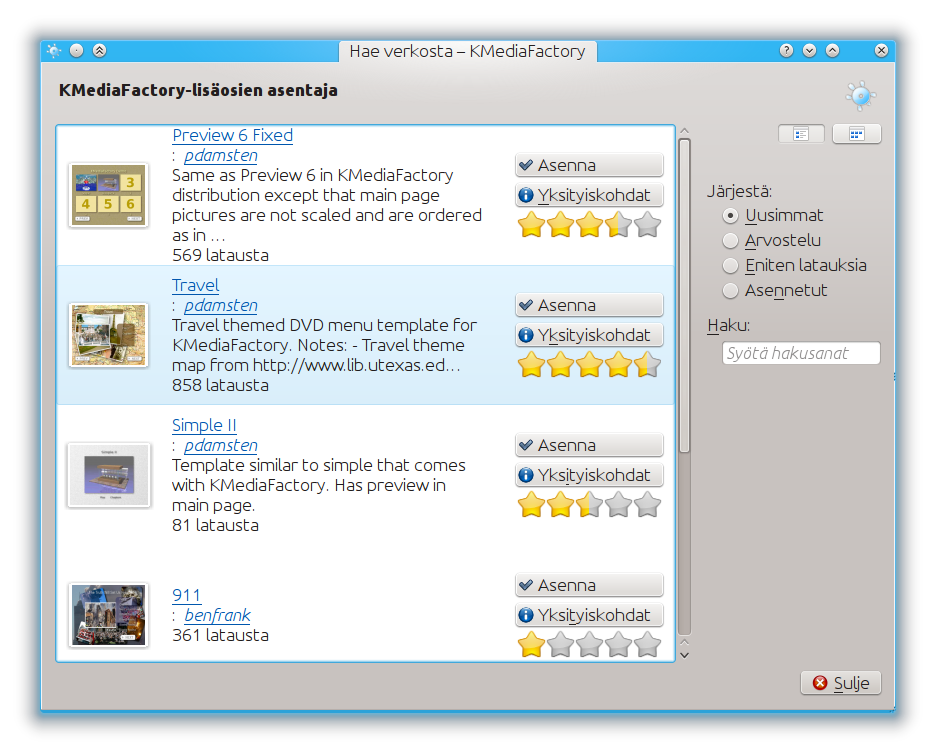 galleryimage:Muutama pohja lisää on ladattavissaopendesktop.org:ista KMediaFactoryn lisäosienasentajalla.