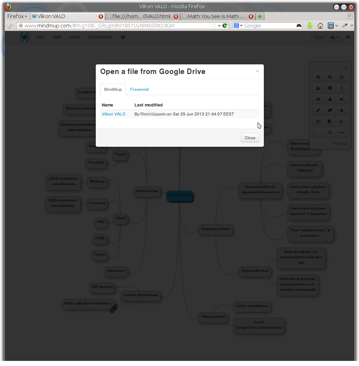 galleryimage:Google Drive -palveluun tallennetun käsitekartanavaaminen.
