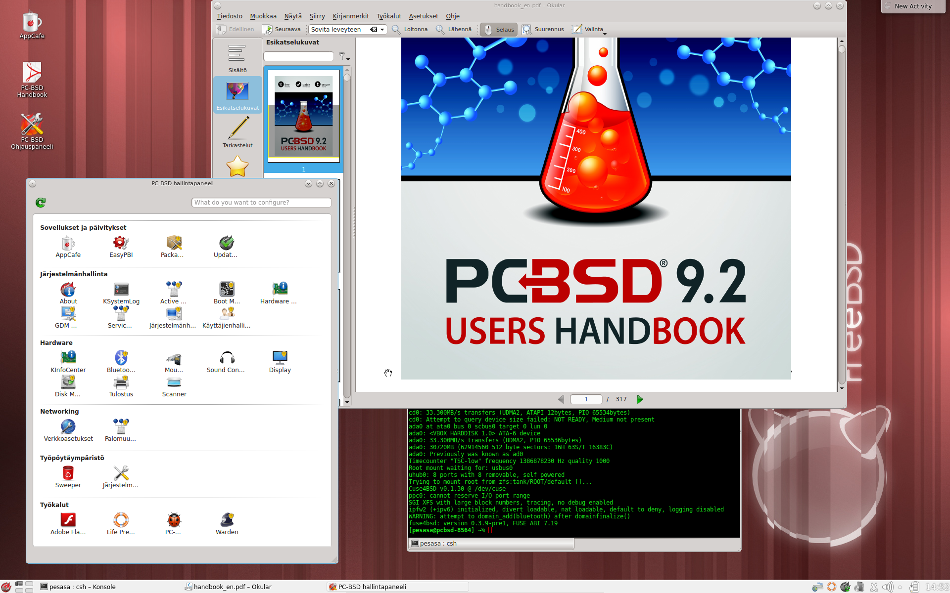 galleryimage:KDE-työpöytäympäristön tuttuja sovelluksia jaPC-BSD:nohjauspaneeli.