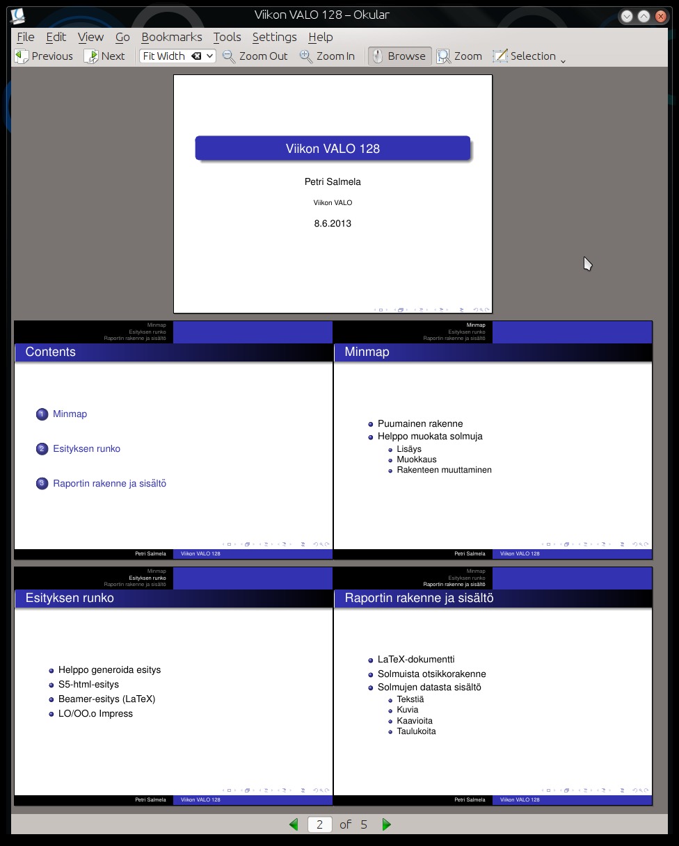 galleryimage:Käsitekartasta luotu pdf-muotoinen Beamer-esitys.Beamer-tuloste on LaTeX-kielinen ja sen kääntämiseen pdf-tiedostoksitarvitaanLaTeX-ympäristö.